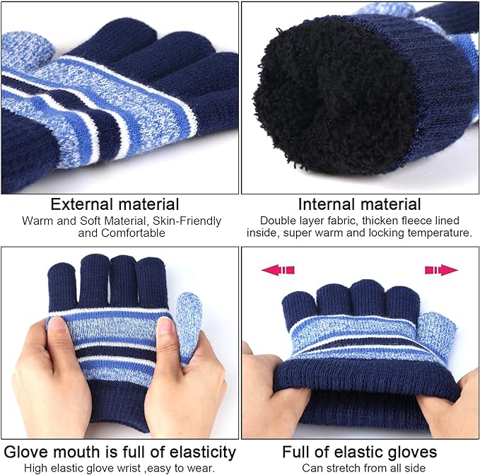 Kids Toddlers Winter Knit Warm Beanie Hat Scarf Gloves Set for Boys Girls Age 2-7, Pompom Cap Neck Warmer Gloves Fleece Lined