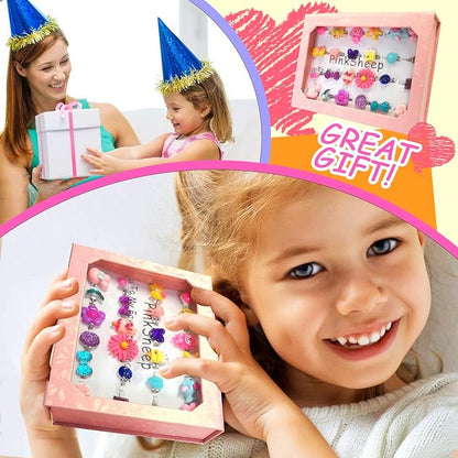 PinkSheep Little Girl Jewel Rings in Box, Adjustable, No Duplication, Girl Pretend Play and Dress Up Rings (24 Lovely Ring)