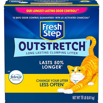 Fresh Step Outstretch, Long Lasting Clumping Litter with Febreze Freshness, Lasts 50% Longer*, Activated Charcoal, 19 Pounds, Pack May Vary