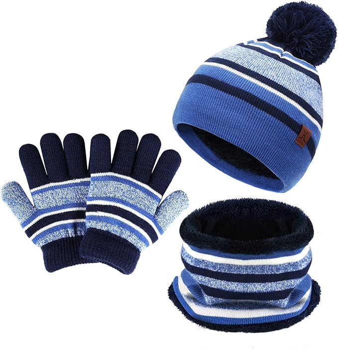 Kids Toddlers Winter Knit Warm Beanie Hat Scarf Gloves Set for Boys Girls Age 2-7, Pompom Cap Neck Warmer Gloves Fleece Lined