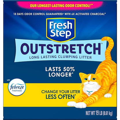 Fresh Step Outstretch, Long Lasting Clumping Litter with Febreze Freshness, Lasts 50% Longer*, Activated Charcoal, 19 Pounds, Pack May Vary