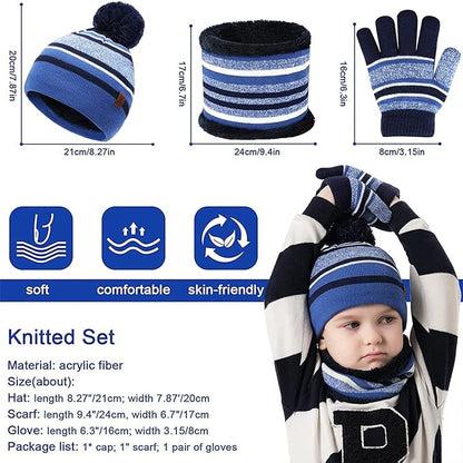 Kids Toddlers Winter Knit Warm Beanie Hat Scarf Gloves Set for Boys Girls Age 2-7, Pompom Cap Neck Warmer Gloves Fleece Lined