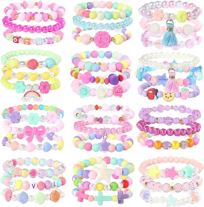 PinkSeep Beaded Bracelets for Kids- 12 Pack 36 PC, Little Girl Plastic Bracelets, Flower Butterfly Pink Bracelet, Party Favor