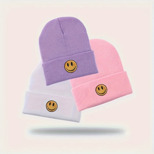 1pc Cute Smile Face Three-dimensional Embroidered Knitted Hat For Couple Men And Teens , Ideal choice for Gifts