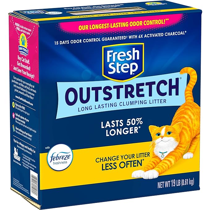 Fresh Step Outstretch, Long Lasting Clumping Litter with Febreze Freshness, Lasts 50% Longer*, Activated Charcoal, 19 Pounds, Pack May Vary