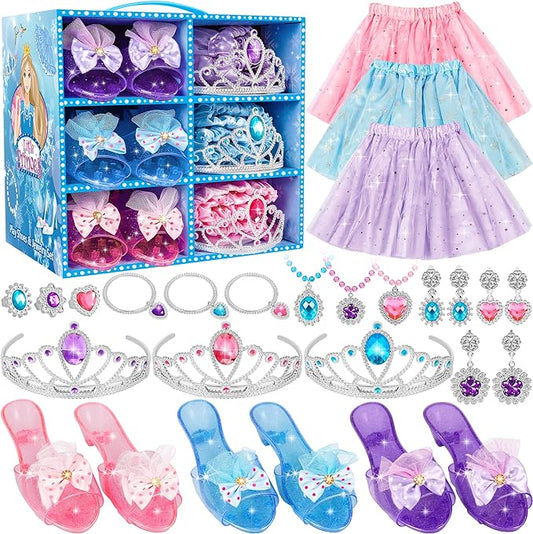 Princess Dress Up Toys & Jewelry Boutique, Costumes Set incl Color Skirts, Shoes, Crowns, Accessories, Girls Role Play Gift for 3 4 5 6 Year old Girl Toddler B-day Party Favors