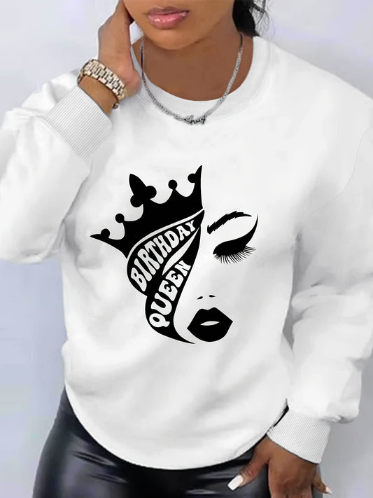 Birthday Queen Print Sweatshirt, Casual Long Sleeve Crew Neck Sweatshirt, Women's Clothing