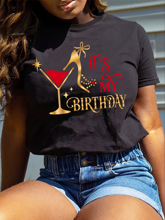 Birthday Letter Print, Crew Neck T-Shirt, Casual Short Sleeve T-Shirt, Women's Clothing