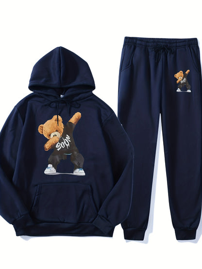 Stylish Teddy Bear Print, Men's 2Pcs Outfits, Casual Hoodies, Long Sleeve Pullover Hooded Sweatshirt and Sweatpants Joggers Set, Men's Clothing