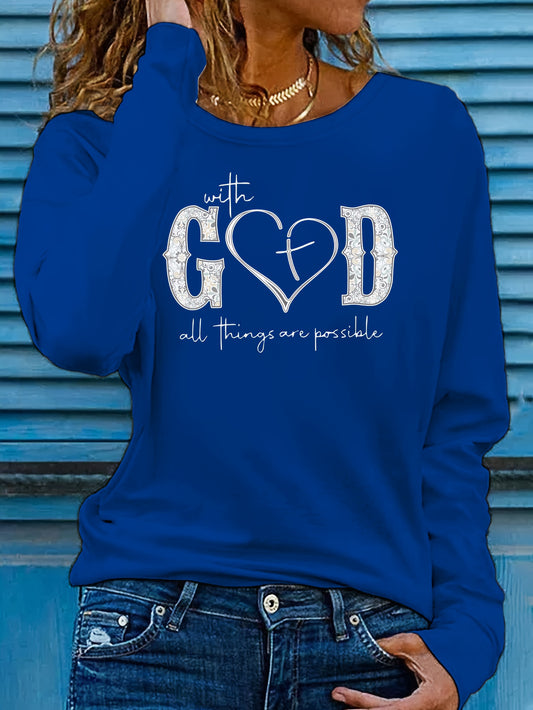 With God Letter Print Casual Crew Neck Long Sleeve Top