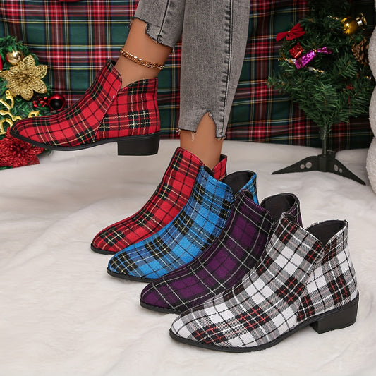 Women's Plaid Ankle Boots, Christmas Style Chunky Low Heeled Boots, Side Zipper Short Boots