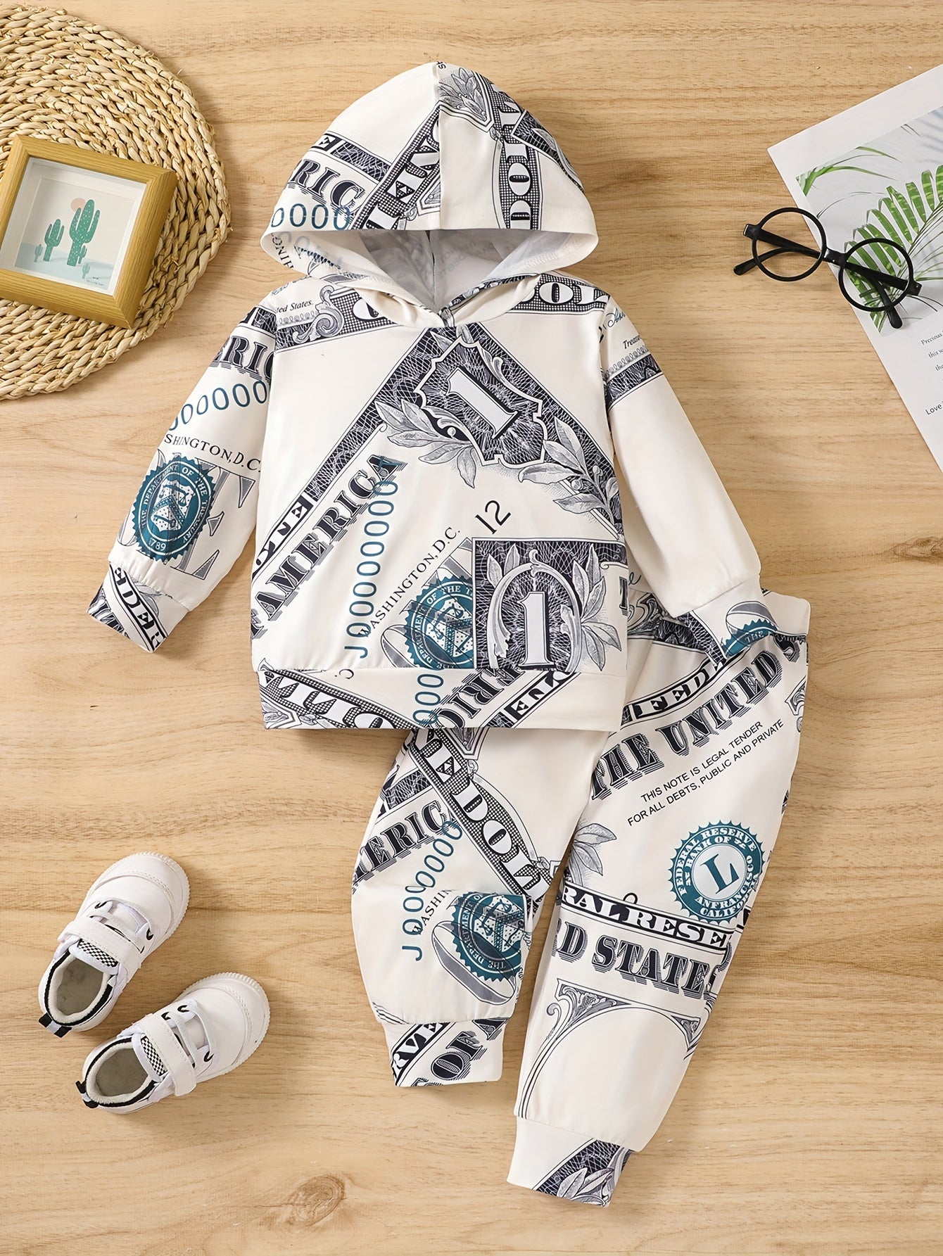 2pcs Toddler's Cash Allover Print Long Sleeve Set, Hoodie & Casual Pants, Baby Boy's Clothes