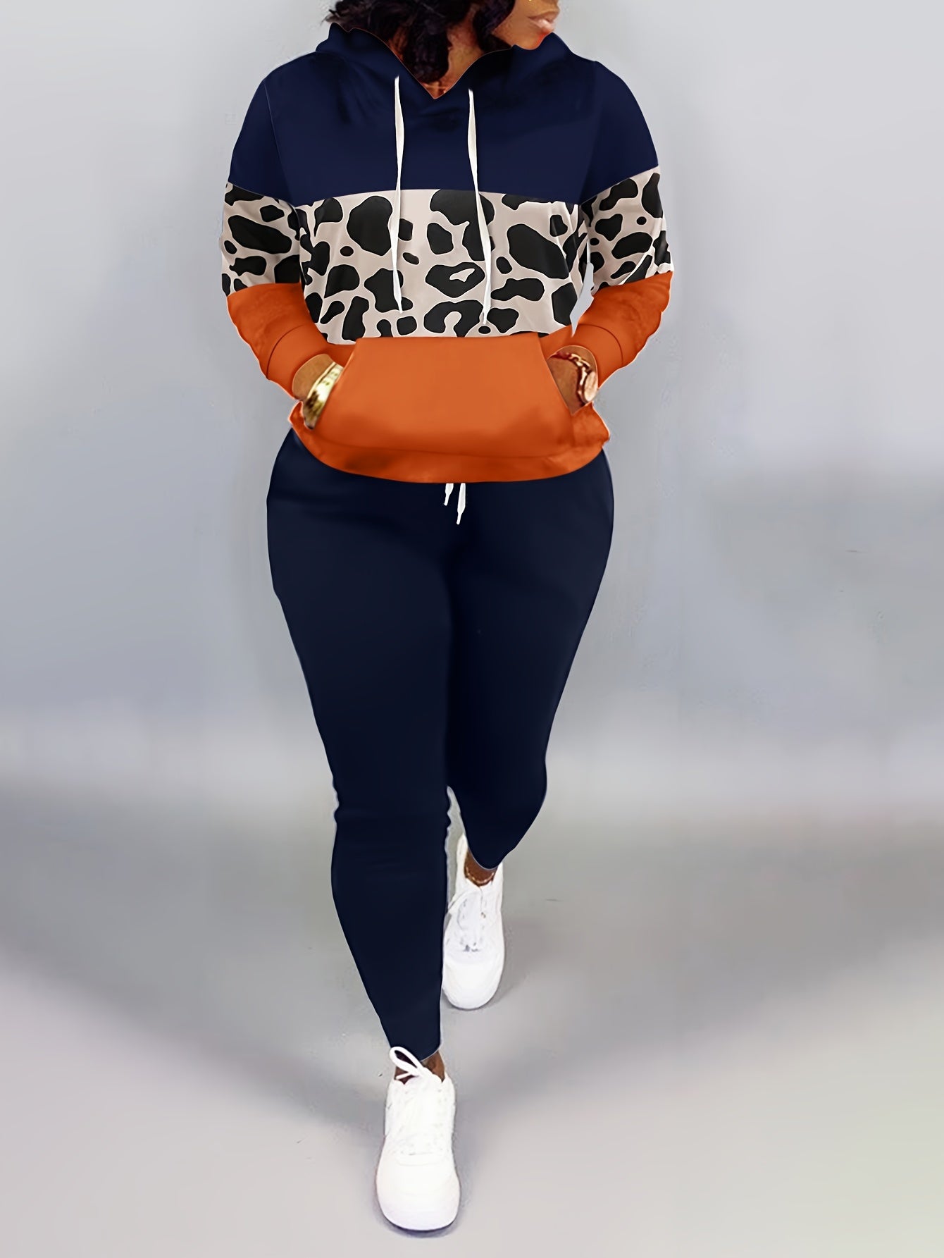 Plus Size Casual Outfits Set, Women's Plus Colorblock Leopard Print, Long Sleeve Drawstring Hoodie & Pants, Outfits 2 Piece Set