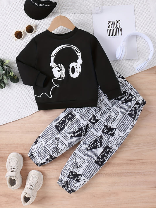 2pcs Boy's Trendy Outfit, Earphone Print Sweatshirt & Newspaper Pattern Sweatpants Set, Casual Long Sleeve Top, Kid's Clothes