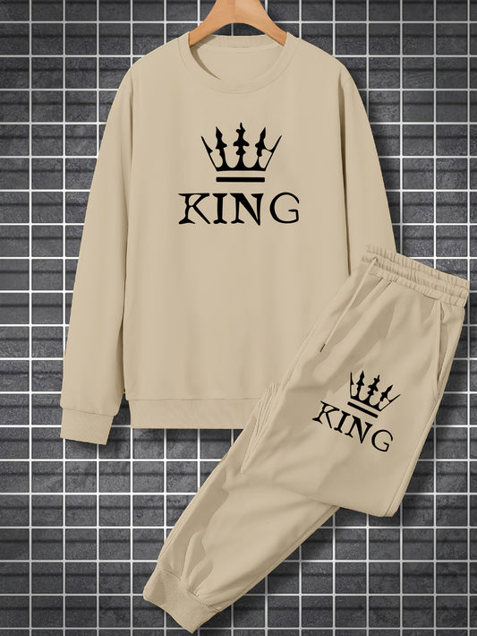 2pcs Men's King Crown Print Pullover Sweatshirt & Pants, Men's Clothing