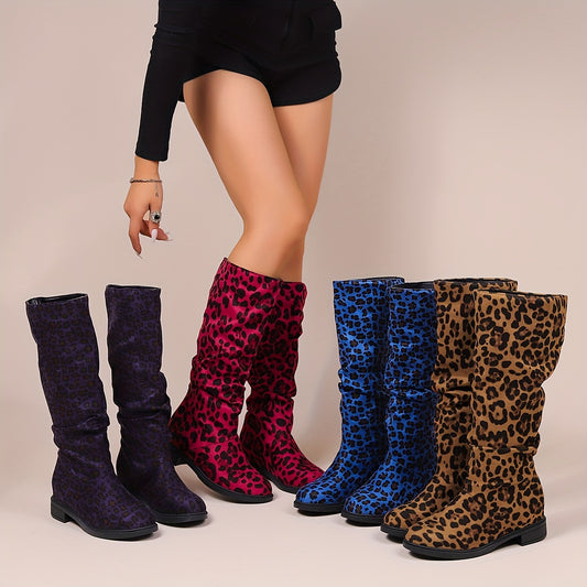 Women's Leopard Print Mid Calf Boots, Fashion Round Toe Pull On Shoes, Comfortable Chunky Low Heeled Boots