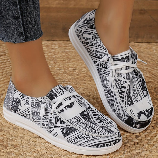 Women's Fashion Canvas Shoes, Newspaper Print Low Top Slip On Loafers, Casual Lightweight Walking Shoes